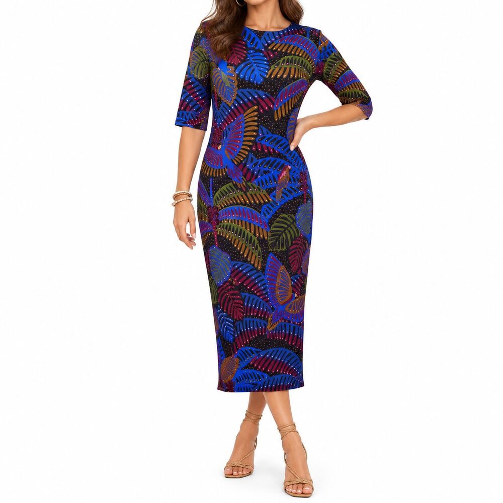Farm Rio Midnight Island Black Dress Womens L Multicolor Tropical Midi NWT